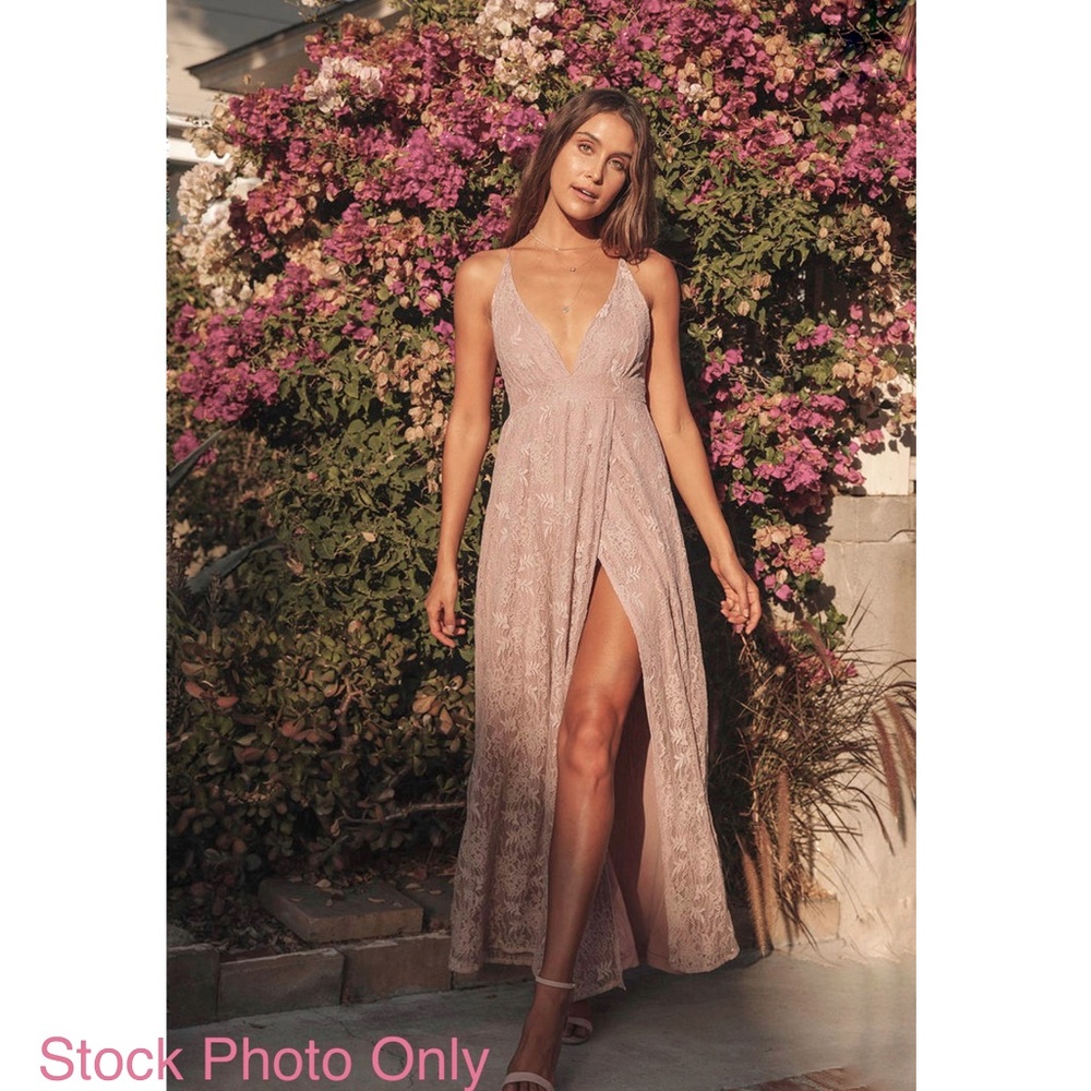 Stolen Moments Dusty Pink Lace-Up Lace Maxi Dress - Picture 1 of 14